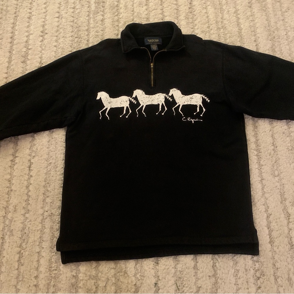 Vintage Black Zip Sweater with Horse Design - 90s Retro - Animal Print Novelty